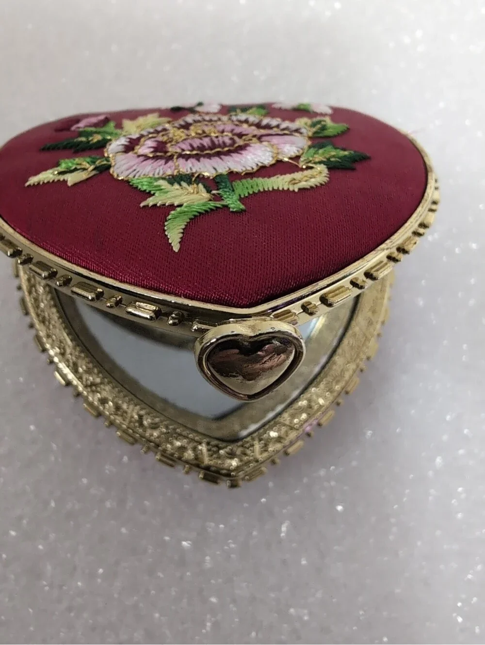 Heart Shaped Compact Mirror Red Embroidered Floral Travel Anniversery